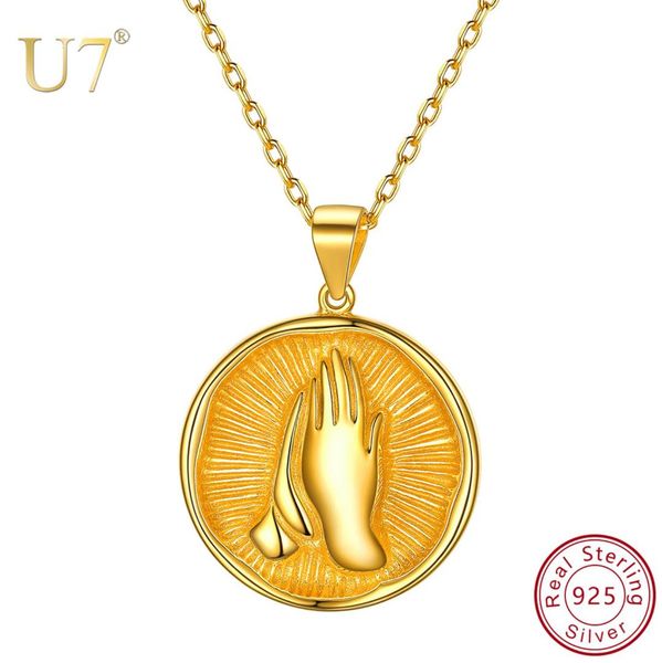 

u7 925 sterling silver prayer hand round religious praying pendants necklaces for women personalized jewelry girls gift sc291