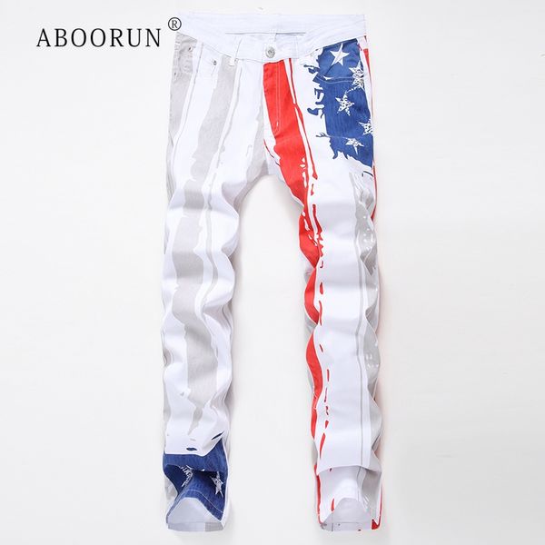 

aboorun spring summer jeans men fashion us flag printed slim fit jeans white casual straight denim pants for male r1651, Blue