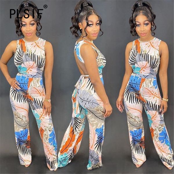 

new popular 2020 tree leaves printed lady jumpsuits back hollow out lace-up rompers bohemian style jumpsuits, Black;white