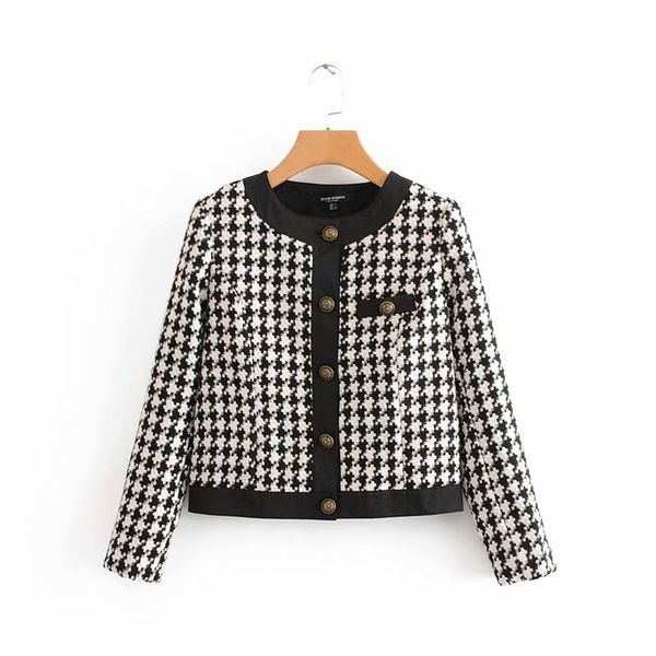 

asds women chic plaid houndstooth jacket coat long sleeve buttons pocket decorate outerwear female vintage casual wwt55227, Black;brown