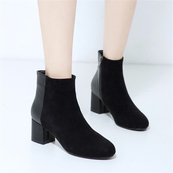 

pxelena plus size 34-43 patchwork women ankle boots block chunky high heel round toe fashion ladies shoes work daily black beige