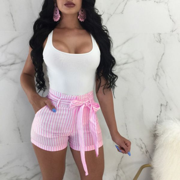 

women striped printed shorts fashion ladies loose thin cotton casual shorts female summer pants with belt-pha, White;black