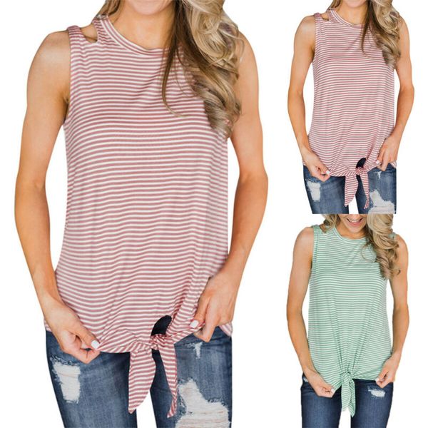 

womens summer sleeveless striped t shirt cut out tie front casual loose tank top, White
