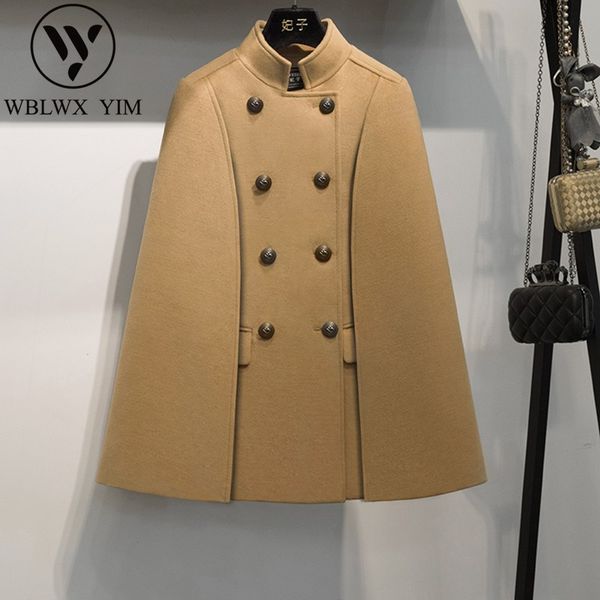 

women wool coat loose stand collar batwing woolen poncho autumn winter warm a-line wool blend jacket cloak cape parka outerwear, Black