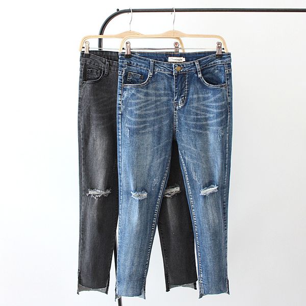 

плюс размер повседневные отверстия джинсы 2019 осень женщины моды сыпучие stretch джинсовой пят карандаш штаны f32-f129, Blue