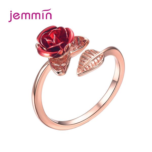 

2019 open bague for women red rose flower leaves adjustable 925 sterling silver finger rings valentine day gift jewelry, Golden;silver