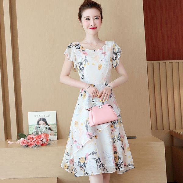 

casual dresses chiffon vestidos ladies large size slim version loose fashion lotus leaf sleeve printed mid-length super fairy sweet dress d2, Black;gray