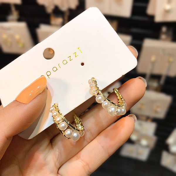 

silver needle korea c-wrap imitation pearl temperament simple frosty wind hoop earrings for women fashion jewelry accessories, Golden;silver