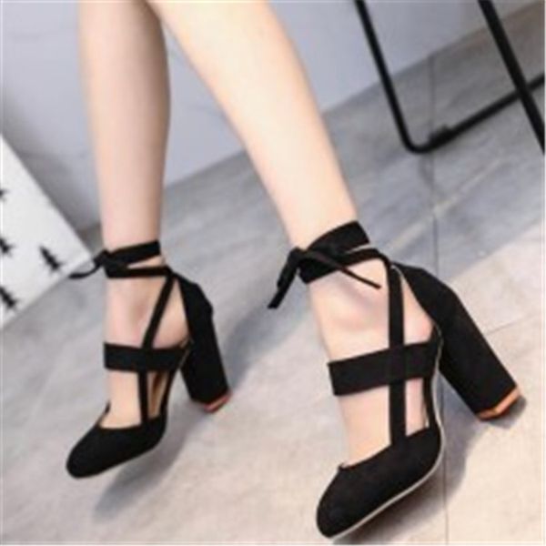 

plus size female ankle strap high heels flock gladiator shoes thick heel fashion women party wedding pumps new, Black