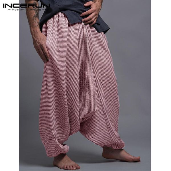 

incerun 2019 men striped thai pants elastic waist joggers loose drop crotch cross-pants retro casual wide leg harem trousers men, Black