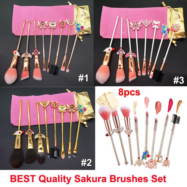 Hochwertiges Cardcaptor Sakura Make-up-Pinsel-Set, 8-teilig, magisches Mädchen, metallischer Zauberstab, Make-up-Pinsel für Gesicht, Augen, Augenbrauen, Lippen, Kosmetik-Werkzeug