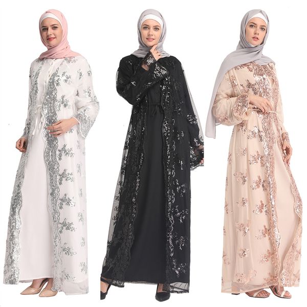 

muslim mesh sequins abaya embroidery lace full dresses cardigan kimono long robes vestidos middle east ramadan turkish islamic, Red