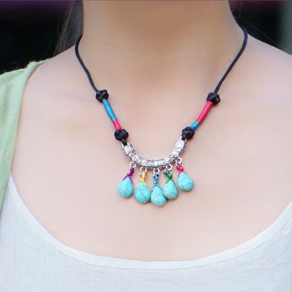 

оптовая продажа 10 шт посеребренные штабелируемые зеленый бирюзовый камень кулон веревка цепи ожерелье для женщин шарм ювелирные изделия, Silver