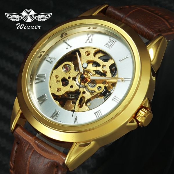 

winner 2019 new fashion vintage men skeleton watches leather strap casual auto mechanical wristwatch for man, Slivery;brown
