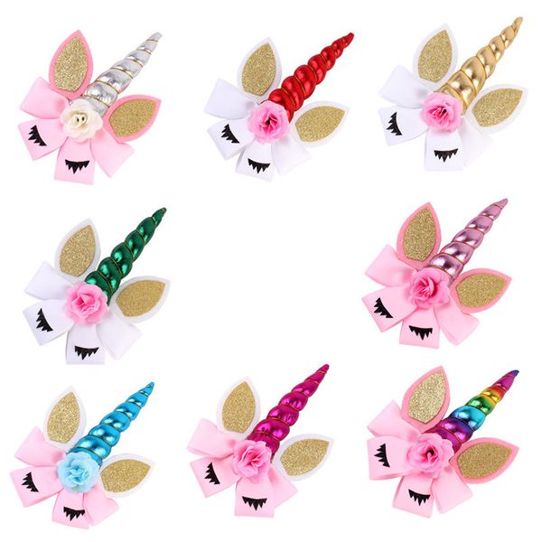 Crianças bowknot hairpin hair bows unicórnio série clipe festa headwear colorido headwear chifre de ouro com flores baby girl acessórios para o cabelo