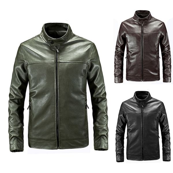 

heflashor men solid jackets men autumn spring stand collar windbreaker tactical jacket male leather jacket streetwear, Black