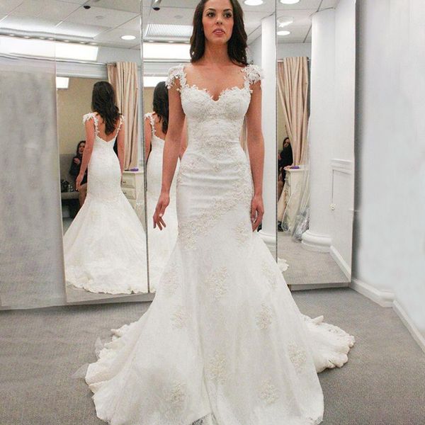 

2020 white lace mermaid wedding dresses backless sweetheart beaded applique cap sleeves wedding gowns bridal gowns robe de mariee
