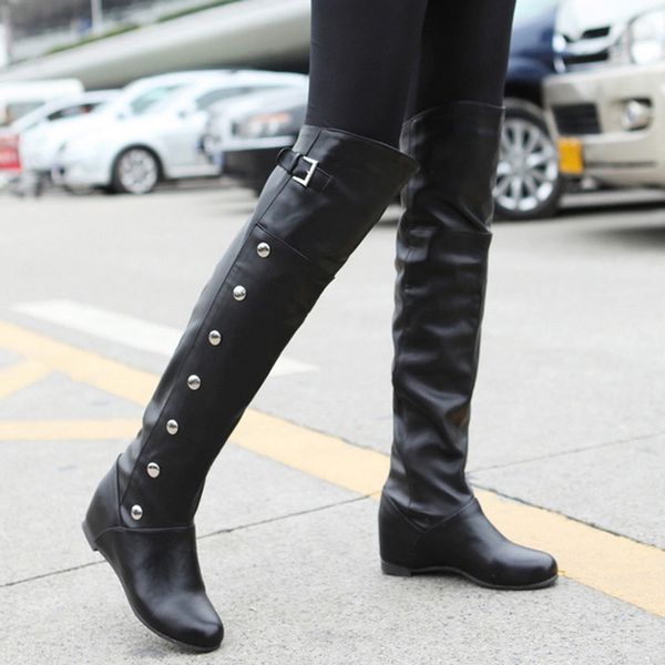 

women boot pu leather knee-high increased wedges shoes long tube knight boots solid slip-on winter boots zapatos de mujer 2019, Black