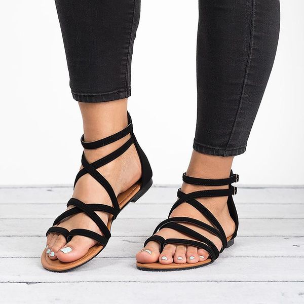 

2019 summer new women sandals cross tied zipper women shoes ankle strap flat sandals rome beach ladies plus size 35-43, Black