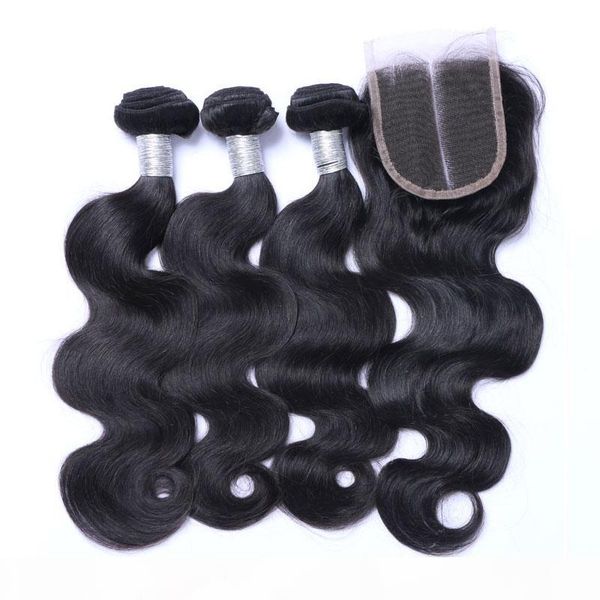 

8a brazilian virgin human hair weaves 3 bundles with lace closure malaysian indian cambodian peruvian body wave hair and closures 4x4 size, Black