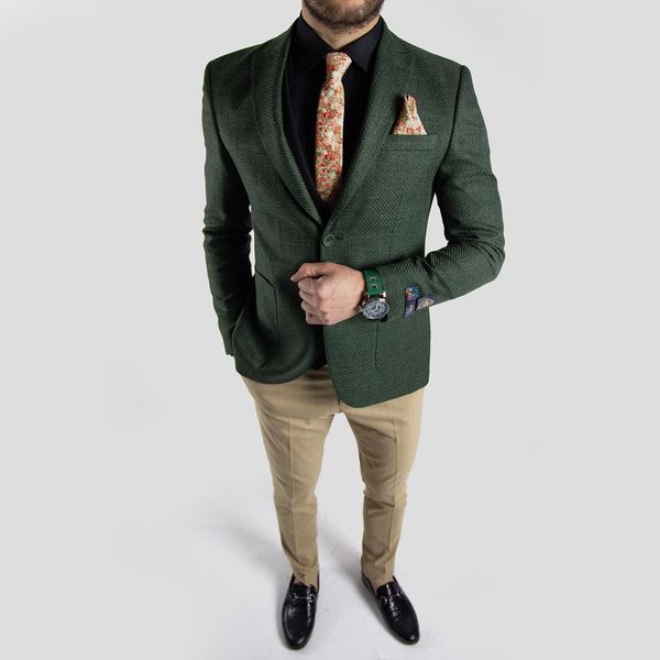 Tweed Verde escuro Do Casamento Do Noivo Smoking Bonito Slim Fit Calças Ternos Festa de Formatura Mens Desgaste Formal (Jaqueta + Calça)