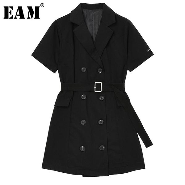 

eam] женщины black двойной брестед бинты костюм платье новый зубчатый с коротким рукавом свободные fit мода tide весна лето 2020 1u411, Black;gray