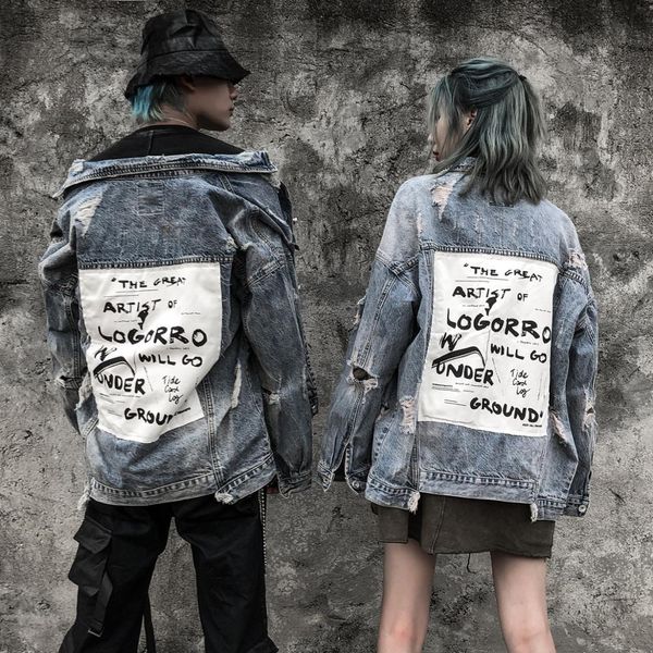 

2019 hip hop graffiti hole cartoon ripped denim jackets mens casual distressed jeans jacket coat streetwear fashion male, Black;brown