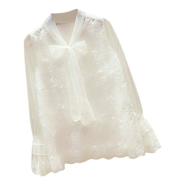 

blouse shirts women long sleeve floral lace bow v-neck casual ladies solid shirts blusas white plus size bow decoration new