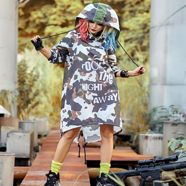 

trench coat for women loose hooded long coat woman printed green camouflage irregular rock the night away hip hop dance, Tan;black