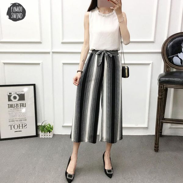 

new women pants summer wide leg casual belt high elastic waist harem pants loose striped elasticated trousers, Black;white