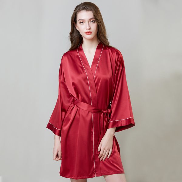 

long sleeve robe women faux silk pajama night dress nighties nightgown nightdress sleepwear nightwear nightshirt bathrobe, Black;red