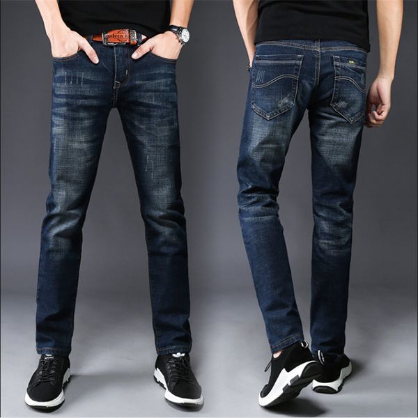 

autumn straight trend jeans men's slim feet blue casual four seasons thin men's elastic holes men demin jeansgtd