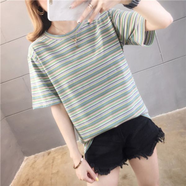 

2019 summer qi -style [p shoot] laziness style super fire red cec versatile stripes short sleeve t-shirt women's ins, White