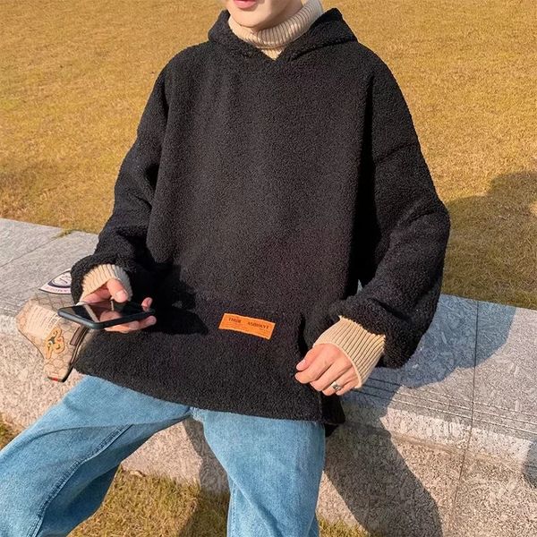 

зимние шерсти ягнят hoodie мужской матовый и толстый капюшон сыпучего-fit hip hop моды ins hong kong стиль пара пальто осень и wi, Black