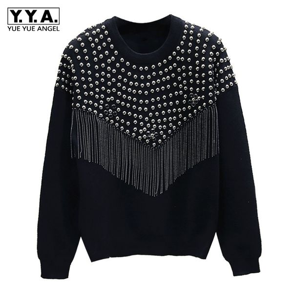 

женская мода вязаная заклепки шипованных свитер с длинным рукавом сыпучие fit бисероплетение кисточки топы трикотаж повседневный streetwear, White;black