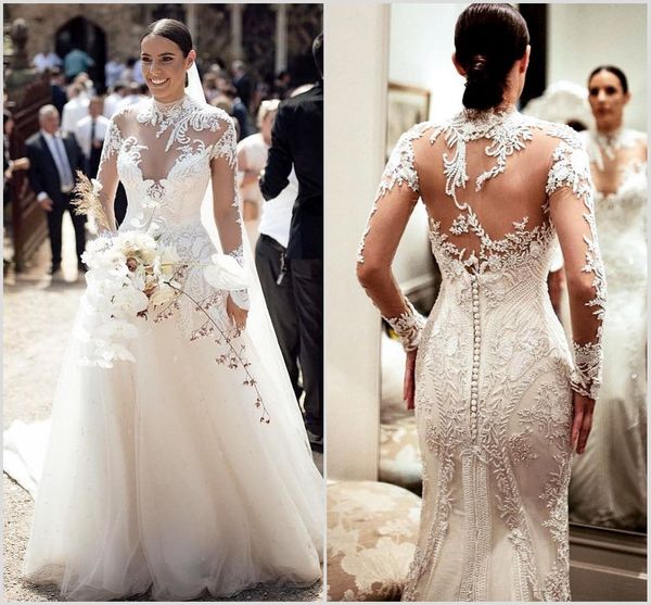 

boho 2019 mermaid wedding dresses v neck long sleeves lace bridal gowns bohemian plus size wedding dress cheap, White