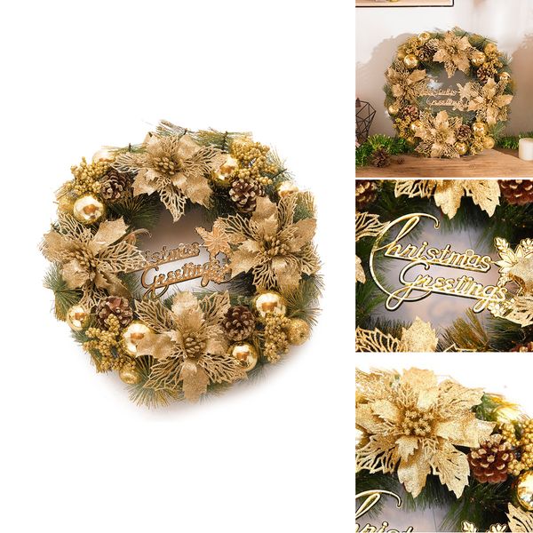 

30cm golden exquisite shining door wreath decorative flower pinecone artificial hanging christmas wreath decorations for home