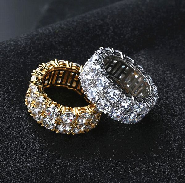 Hochwertige 18-karätige Gold-Hip-Hop-Herrenringe, doppelte Reihen winziger Ringe mit großen CZ-Stein-Party-Ringen, Größe 7–11, Geschenk, kostenloser Versand