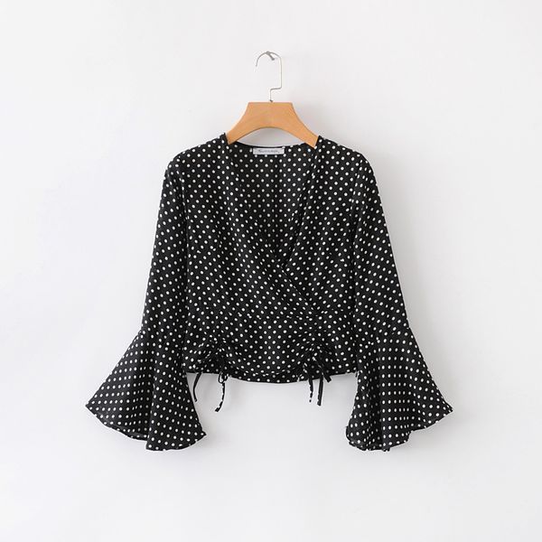 

v neck dots печати crop топы flare рукавом кулиской tie плиссе короткий стиль блуза боковая молния летние рубашки blusas, White