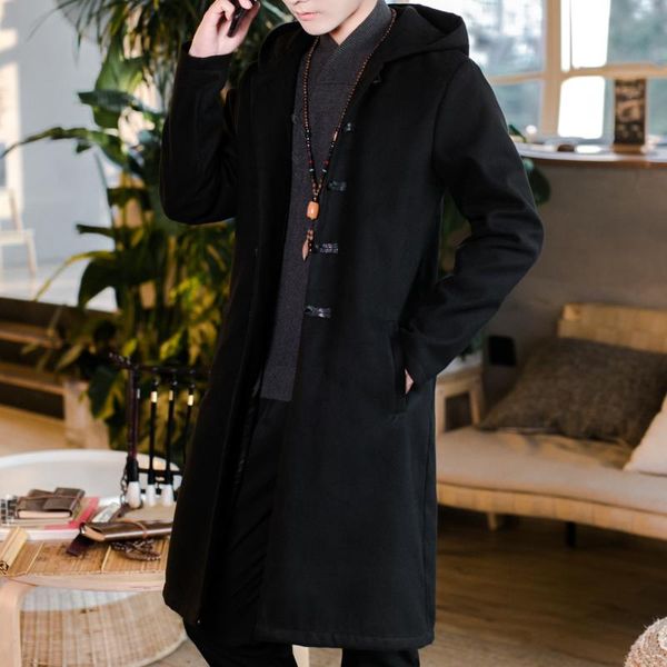 

2019 осень и зима новый стиль мужчин в китайском стиле шерстяное пальто мужская одежда средней длины вышитая с капюшоном ткань шерстяная тре, Tan;black