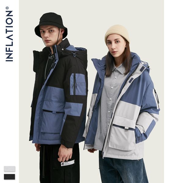 

inflation color block down jacket men high street hooded pockets winter 90% down coat hip hop patchwork warm men outerwear 9771w, Black
