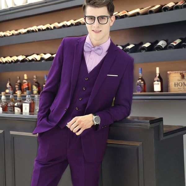 

three piece purple men suits for wedding groomsmen wear trim fit custom made groom tuxedos evening dinner suit jacket pants vest, Black;gray
