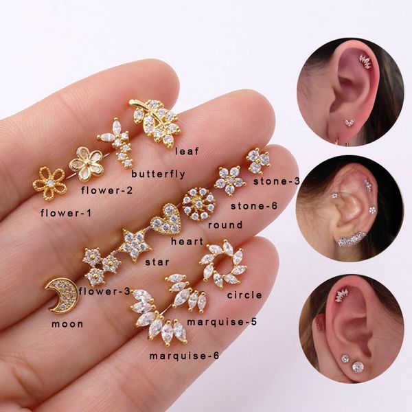 

sellsets 1 piece 20g gold silver color stainless steel marquise crown cubic zirconia tragus daith helix lobe piercing jewelry, Slivery;golden