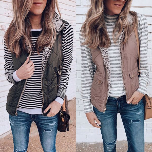 

new fashion women sleeveless winter thick soft jacket warm waistcoat vest fleece zipper coat reversible jacket with pockets, Black;white