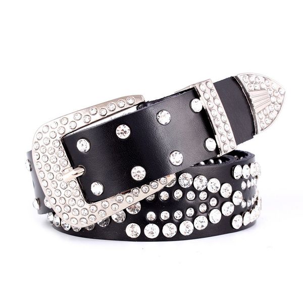 

genuine leather rivet inlay ancient belt for women fashion rhinestone belts for women luxury brands leather belt female y200501, Black;brown