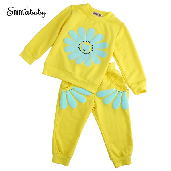 

2018 latest children's wear baby girls kid summer 100% cotton sunflower long sleeve casual t-shirt +pants outfit clothes, White