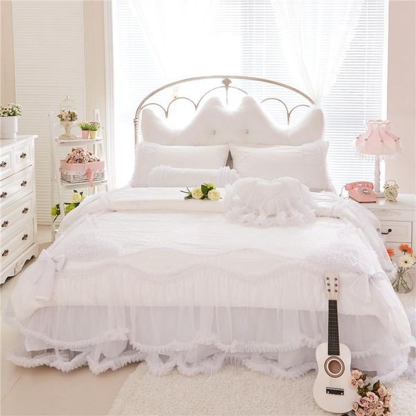 

j/7 pcs king  twin size whte lace cotton wedding princess bedding set bed skirt duvet cover set soft bedclothes