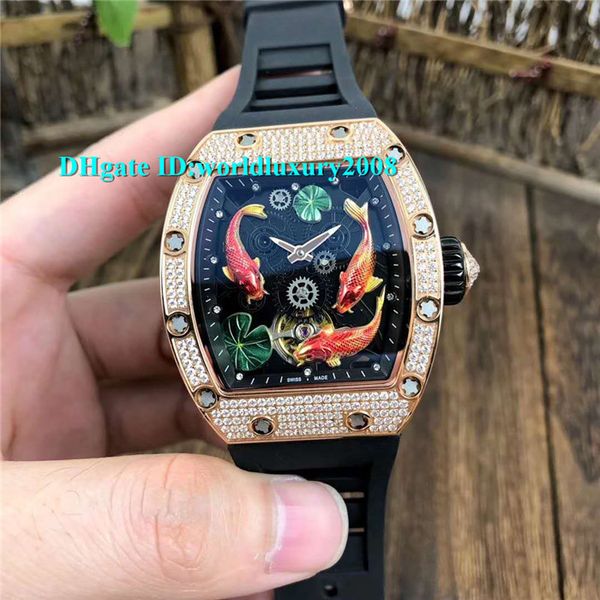 

Ro e gold diamond ca e 57 01 3d fi h men watch automatic apphire keleton dial black rubber trap port tonneau wri twatch 5 color