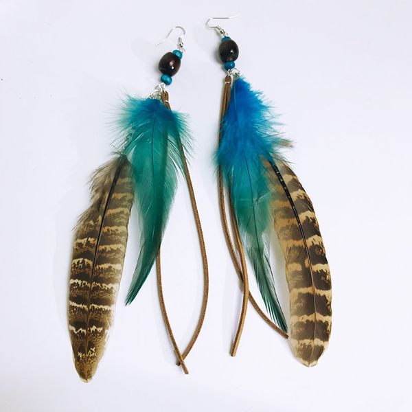 

customizable long vintage boho feather earring for women ethnic beads leather tassel earring jewelry accessories gift drop shipping, Silver