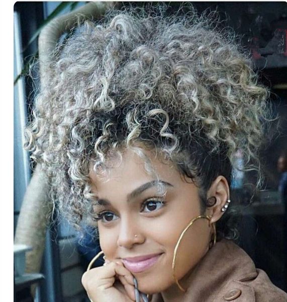 Grey Hair Drawstring Ponytail Kinky Curly Afro Clip On Updo